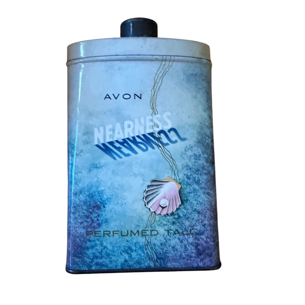 Vintage Avon Nearness Perfumed Talc Tin Seashell Graphic Blue White 2.75 oz